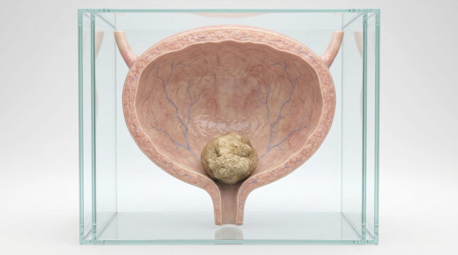 Anatomical visualization of urinary bladder with internal growth and ureter opening, displayed as detailed medical model for education and clinical study