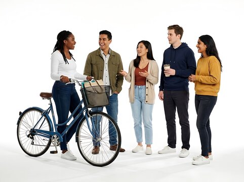 Diverse group of young adult friends standing and talking together by a bicycle with young adults casual clothing urban lifestyle white background friend group daily life standing socializing