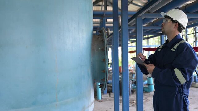 Industrial technician uses a tablet while inspecting pipes and equipment inside a processing facility. Concept of industrial engineering, safety, maintenance, technical inspection, teamwork, and.