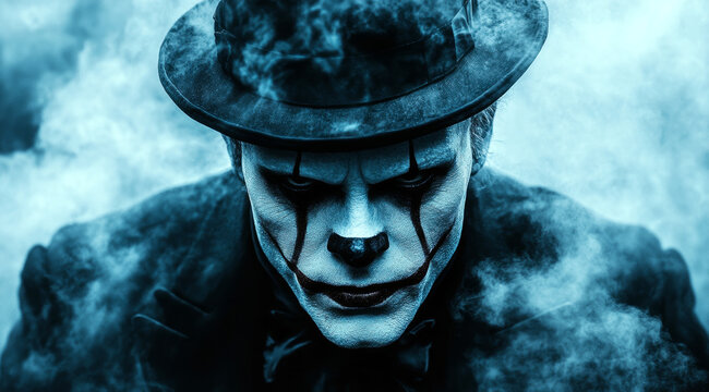 Mysterious man in a hat and clown makeup surrounded by smoke in cinematic blue tones