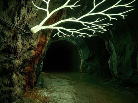 Cave Tunnel with Glowing Branch Light in Subterranean Passage
