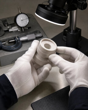 Technician hands in white gloves inspecting precision ceramic mechanical component under microscope ring light mockup
