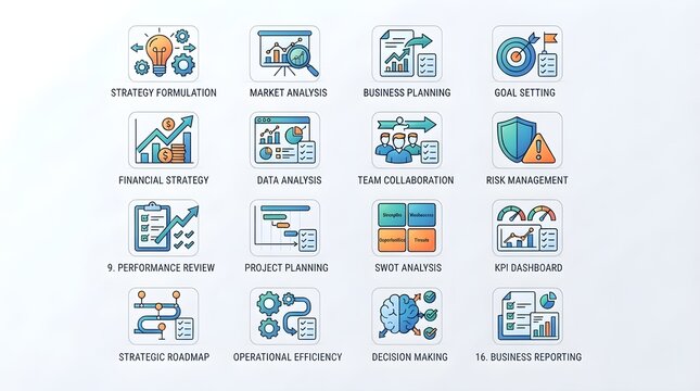 Business operations icons with strategy, market research, data analysis, goal setting, financial growth, workflow process, resource allocation, performance metrics, risk management and management solu
