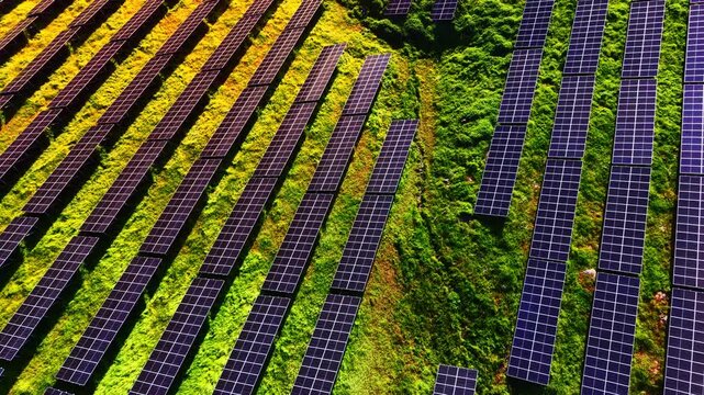 Top down view of solar panel rows on grassy slope. Diagonal panel arrays contrast with golden and green grass patches in bright sunlight.