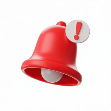 3D rendered red notification bell icon with an exclamation mark isolated on white background