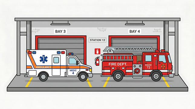 Cartoon illustration of a fire station bay with an ambulance and a fire engine parked inside