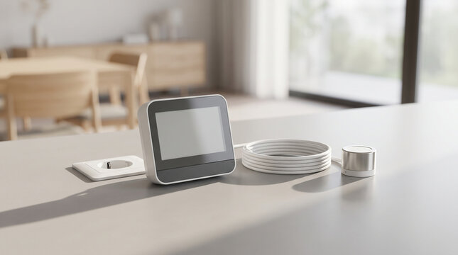 Smart home display hub with wireless sensors on kitchen island counter mockup