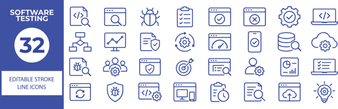 32 Software Testing Vector Outline Icons Set,Quality Assurance, Bug Detection, Debugging, Test Automation and Software Development Line Symbols Collection