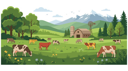 Obraz premium Cows grazing in green meadow near country barn and tall mountains.