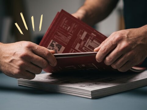 Brochure Review Hands Flipping Through Printed Catalog