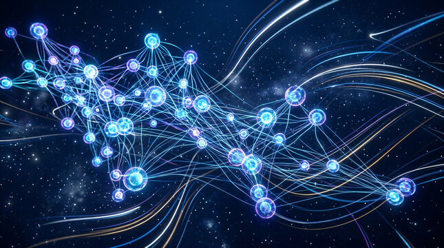 Futuristic digital network with glowing blue nodes | Artificial intelligence neural connection in space | Abstract data visualization with light trails | Advanced blockchain technology and global conn