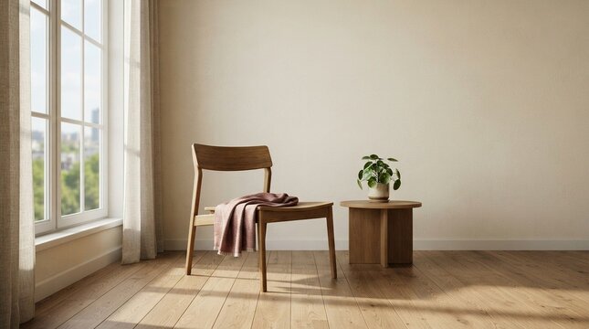 Minimalist wooden chair with small table positioned by large window in bright natural light interior