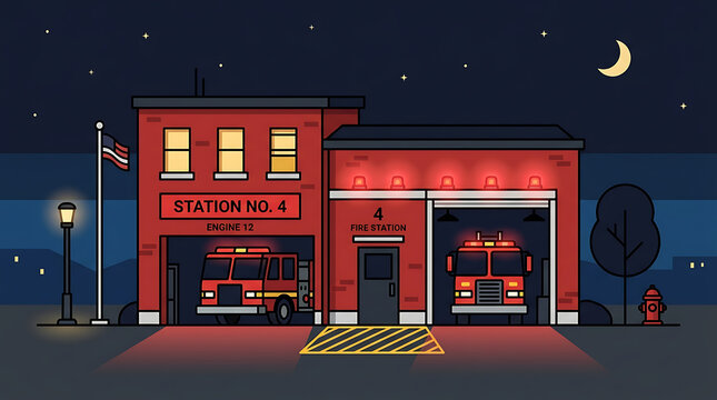 Illustration of a fire station at night with emergency vehicles in the bays