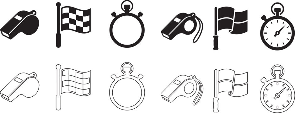 Collection of black and white icons featuring whistles checkered flags and stopwatches for sports and competition themes