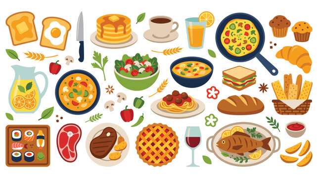 Set of assorted world cuisine dishes with healthy food elements.