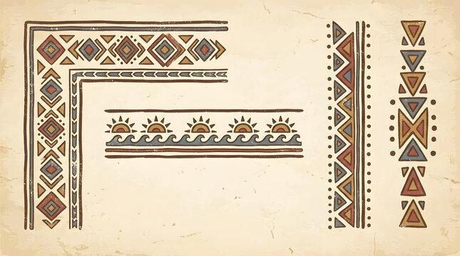 Handcrafted tribal border designs with geometric patterns and sun motifs on a textured paper background