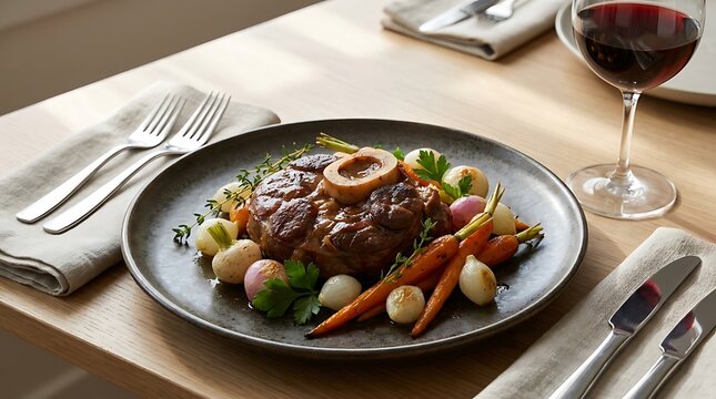 Delicious beef osso buco with roasted carrots and red wine served on a black plate at a dining table. veal osso bucco
