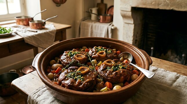 Delicious beef osso buco stew served in a rustic clay pot on a wooden kitchen table with fresh herbs. veal osso bucco