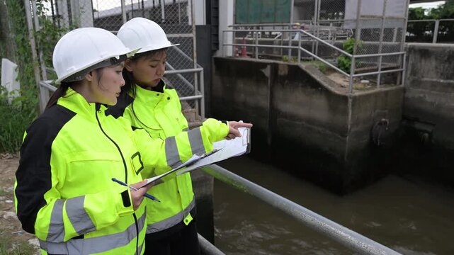 Two environmental engineers inspecting wastewater treatment facility