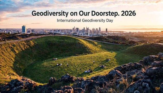 A large grass-covered volcanic crater bowl with visitors relaxing with a modern city skyline and ocean visible on the horizon. Geodiversity on Our Doorstep 2026 awareness poster concept.