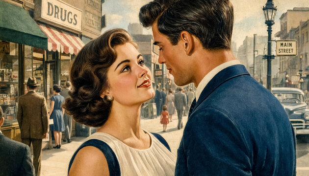 Vintage illustration of a young couple sharing a romantic moment on a busy 1950s city sidewalk.