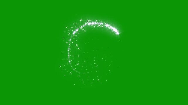 White glitter sparkle star trail animation with twinkling fairy dust, white shimmer particles, magical sparkle dust,  fairy doodle stars, hammering starlight trail on green screen. 4k video