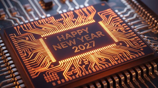 Happy New Year 2027 greeting text glowing on a high tech computer processor chip