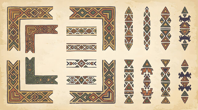 Handcrafted tribal border designs and geometric corner frames on a vintage textured paper background