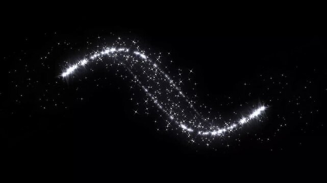 White glowing glitter particle trail with magic sparkles and twinkle stars, glowing sparkle stars line animation, fairy dust shimmer line, sparkling star transition effect on black screen. 4k video