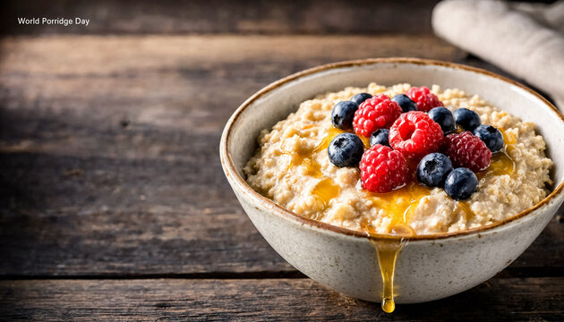 Oat porridge topped with raspberries and blueberries drizzled with honey. Poster for World Porridge Day.