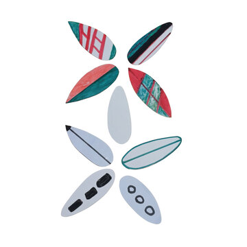 A flower shape made from colorful surfboard shaped paper cutouts arranged in a circular pattern on a clean white background surface isolated on a transparent background