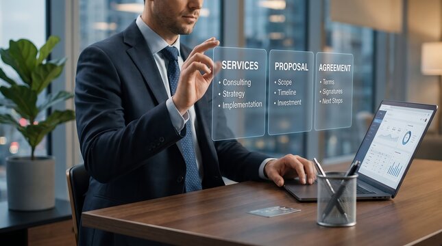 Business professional presenting consulting services proposal agreement process at desk