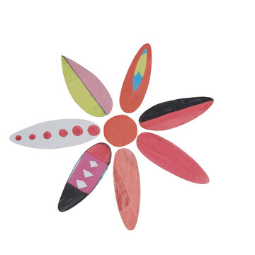 A flower shape made of hand-painted wooden surfboard cutouts with colorful geometric patterns including triangles and dots isolated on a transparent background