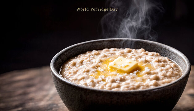 Steaming oatmeal with butter in a dark stone bowl on a wooden surface. World Porridge Day concept