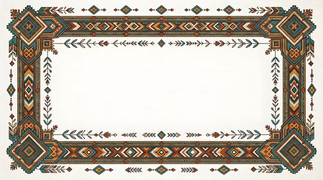 Decorative rectangular frame with intricate indigenous inspired geometric patterns and central copy space
