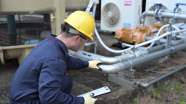 Professional engineers inspecting industrial air conditioning system outside. Construction workers checking hvac maintenance with clipboard and toolbox at manufacturing factory site plant.
