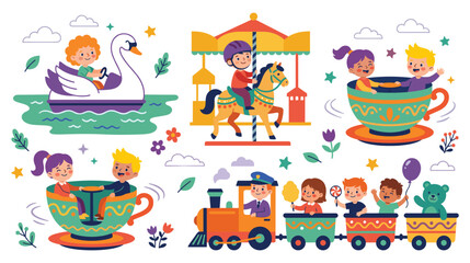 Fototapeta premium Happy children enjoying amusement park rides and colorful train car.