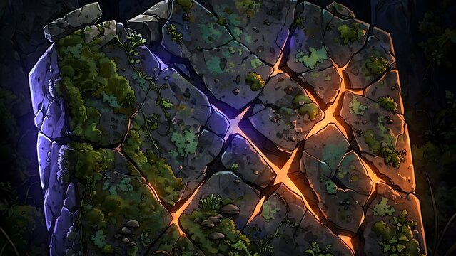 Weathered moss covered granite tombstone texture shattered by glowing orange and violet light leaks from dark cracks