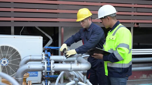 Two professional engineers inspecting industrial air conditioning system outside. Construction workers checking hvac maintenance with clipboard and toolbox at manufacturing factory site plant.