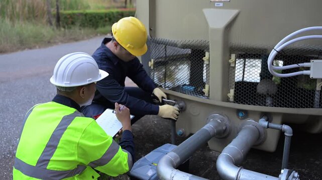 Two professional engineers inspecting industrial air conditioning system outside. Construction workers checking hvac maintenance with clipboard and toolbox at manufacturing factory site plant.