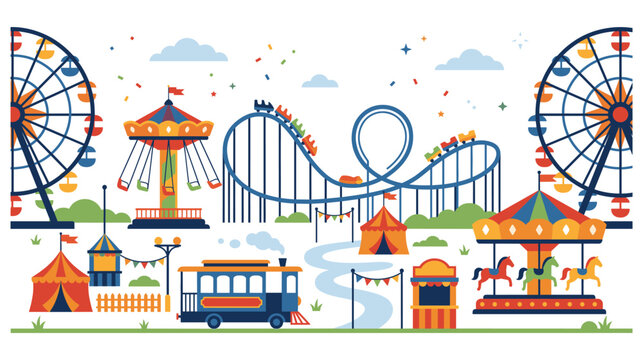 Colorful amusement park flat vector banner with fun carnival rides.