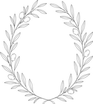 Elegant Olive Branch Oval Wreath Botanical Line Art
