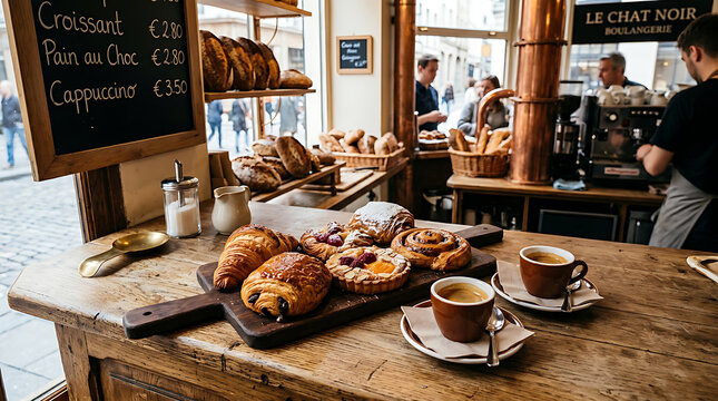 Assorted fresh pastries on wooden counter of French boulangerie with espresso cups and warm morning light creating inviting bakery atmosphere in town.
