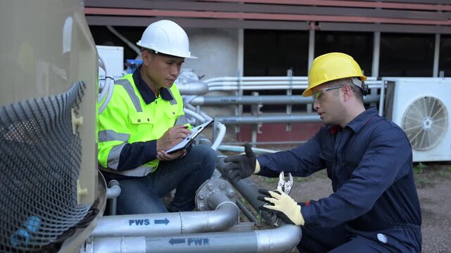 Two professional engineers inspecting industrial air conditioning system outside. Construction workers checking hvac maintenance with clipboard and toolbox at manufacturing factory site plant.