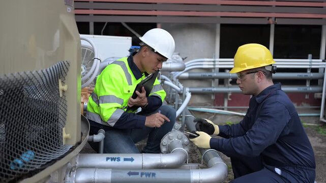 Two professional engineers inspecting industrial air conditioning system outside. Construction workers checking hvac maintenance with clipboard and toolbox at manufacturing factory site plant.