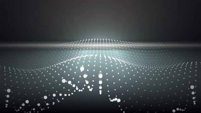 Futuristic digital landscape featuring a field of glowing white dots arranged in flowing, wavelike patterns across a dark surface.