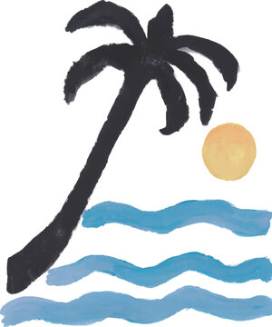 Palm Tree and Sun Over Ocean Waves Watercolor Illustration