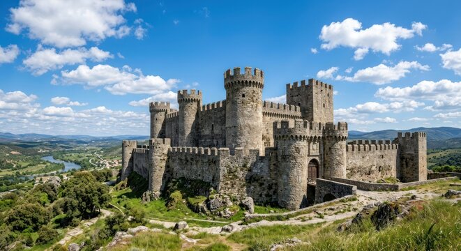 Majestic Medieval Castle on a Hilltop Under a Blue Sky.