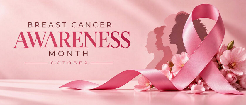 Breast Cancer Awareness Month October banner. Pink ribbon with women silhouettes, soft flowers, and typography on a pink background