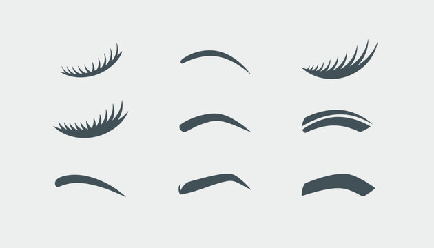 Compilation of nine different eyebrow and eyelash shapes represents beauty, makeup, cosmetics, and salon services.